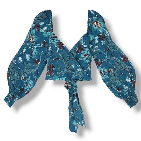NWT Band of the Free Sybille Floral Crossover Crop Top Sz. XS [2] Deep Teal - Picture 2 of 10